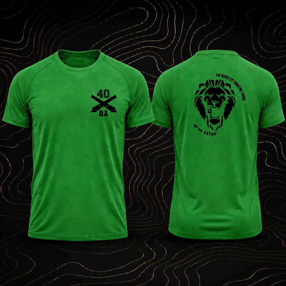 T-shirt vert 40e RA — vue de face et de dos, lion et inscription En vert et contre tous